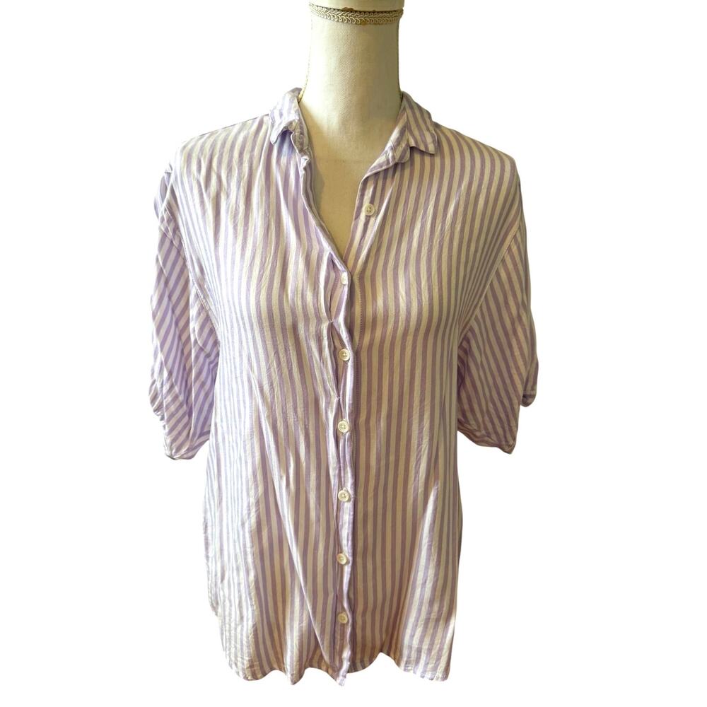 BeachLunchLounge Oversized Button Front Puff Short Sleeve Shirt Lilac S